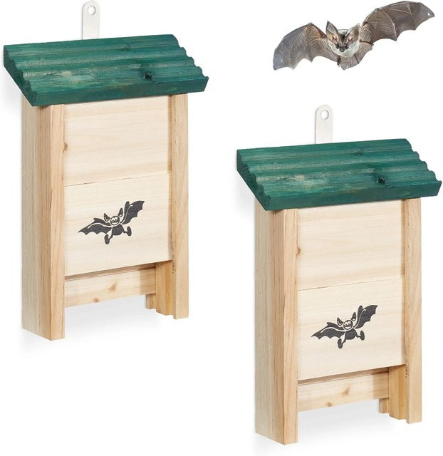 Relaxdays Fledermauskasten 2er Set aus Tannenholz und Metall in Grün, B/T/H: 25 x 18 x 6 cm - Bild 1