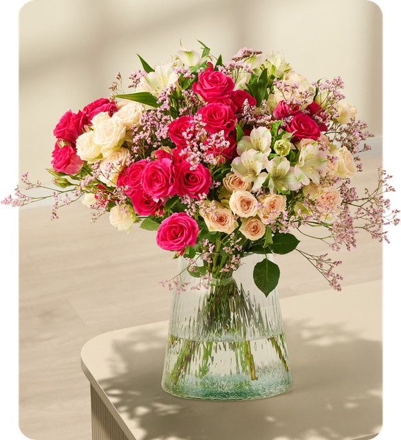 BLUME2000 Romantic Summer Bouquet Rosen Alstromerien Limonium red pink white - Bild 1