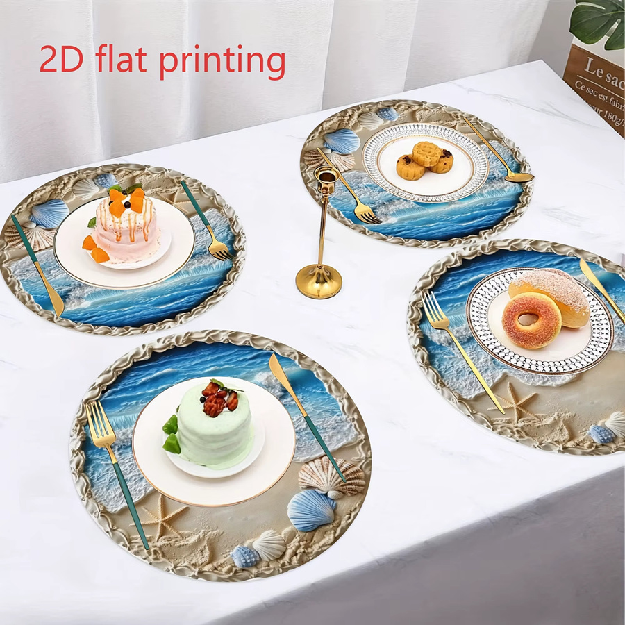 VIKAMA Strandresort Tischset mit Wellenmuster, Muschel- und Seestern-Design, rund, blau, wasserdicht und ölabweisend - Bild 2
