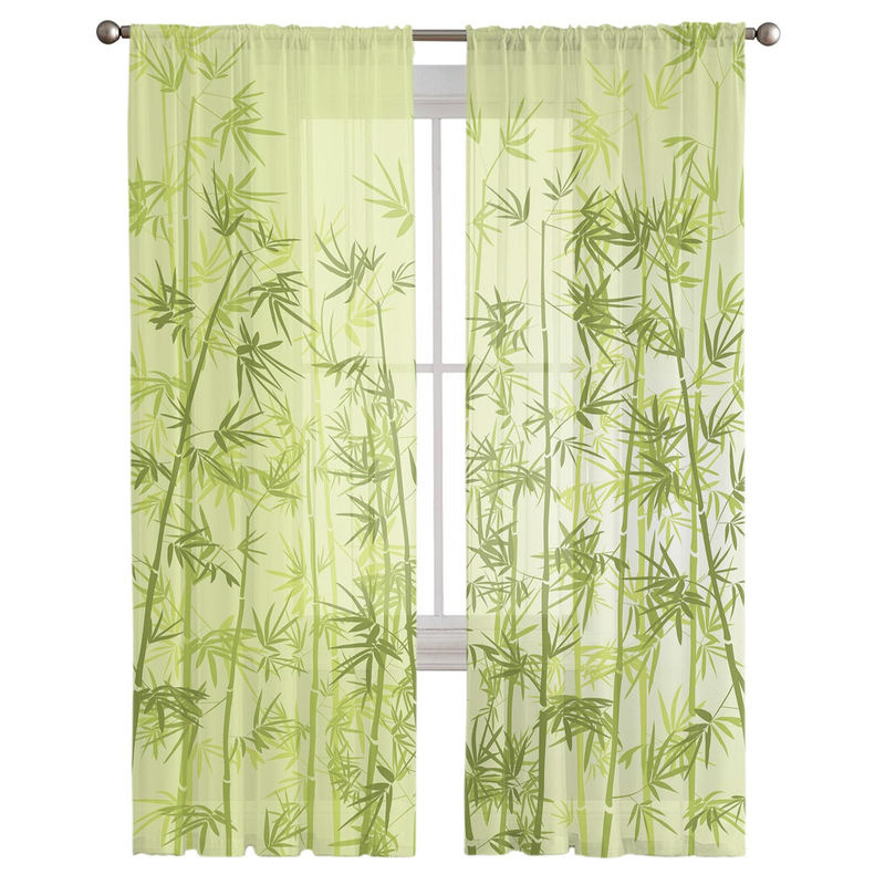 Transparenter Tüll-Vorhang mit grünem Bambusblatt-Design von A Family Of Home Textiles, Breite: 135 cm, Höhe: 114 cm - Bild 2