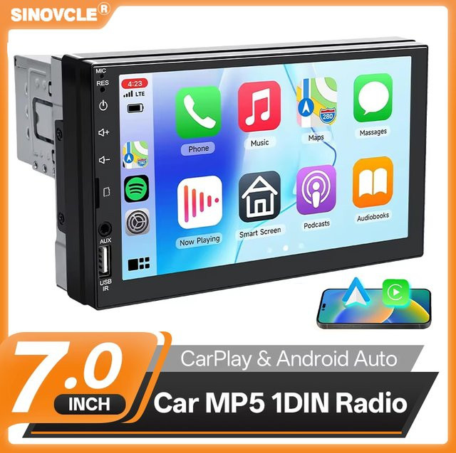 Sinovcle 1 DIN Autoradio Multimedia-MP5-Player mit 7 Zoll Touchscreen, Carplay und Android Auto, Schwarz, AUX/FM/USB/TF, 12V Universal - Bild 1
