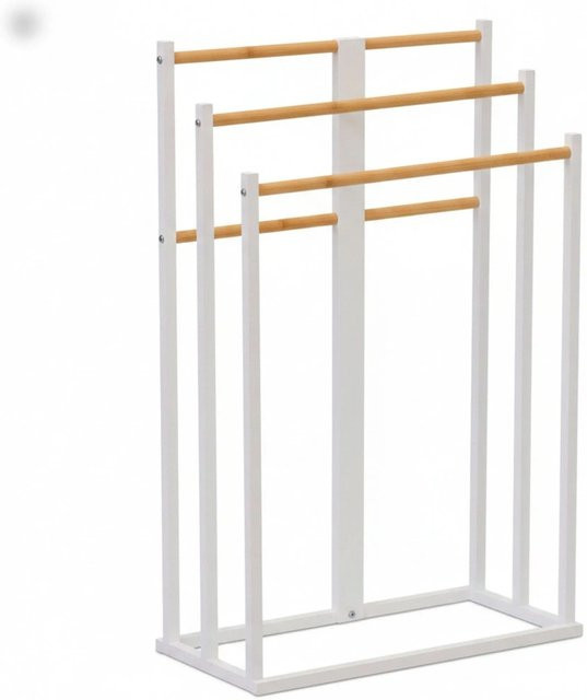 Relaxdays Handtuchständer aus Metall und Bambus mit 3 Stangen, freistehend, Weiß, H x B x T: 76 x 45 x 21,5 cm - Bild 1