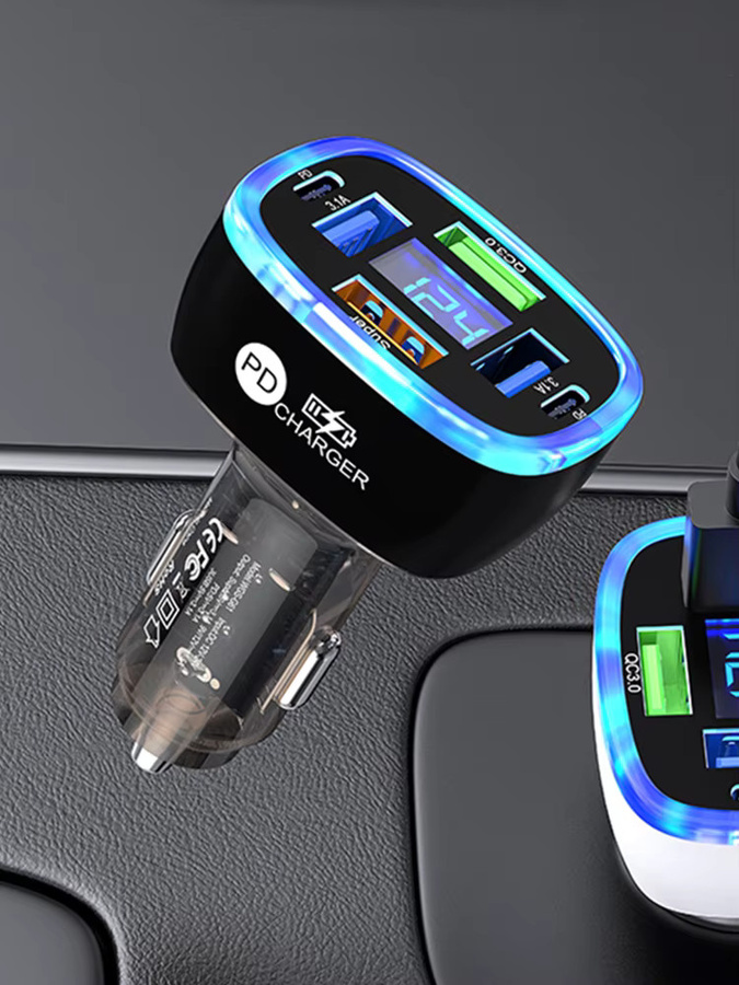 UYUXIO 6-in-1 USB-C Autotelefon-Ladegerät mit Spannungsanzeige in Schwarz für Samsung, iPhone 16 15 Pro Max und OnePlus - Bild 5