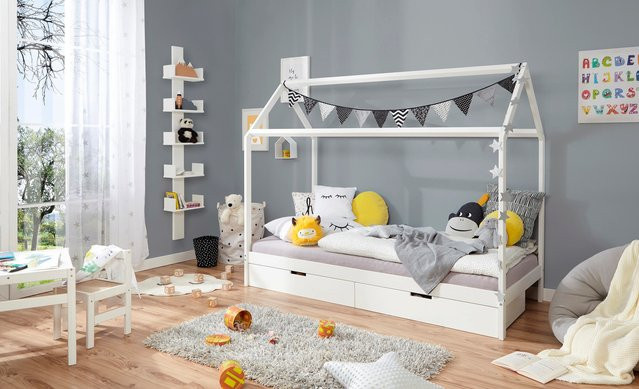 TiCAA Kinderbett Hausbett Lina aus Massivholz Kiefer mit Schubkästen, Farbe: Weiß, B/T/H: 90 x 200 x 166 cm - Bild 1