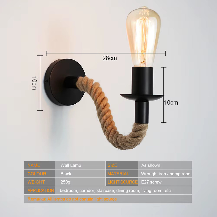 PARKSON Vintage Hanfseil Wandleuchte E27 Retro Wandlampe aus Holz und Metall für Wohnzimmer, Badezimmer und Flur in Schwarz und Braun - Bild 2