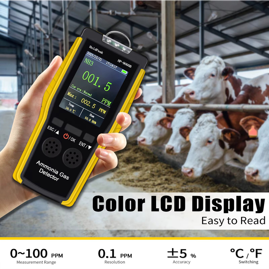 HoldPeak HP-9000B Ammoniak-Gasdetektor für kontinuierliche quantitative Analyse, tragbarer Sensor 0-100ppm, gelb, mit LCD-Bildschirm und Dual-Alarm, wiederaufladbar - Bild 4