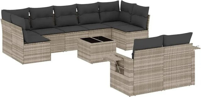 vidaXL 10-tlg. Garten-Sofagarnitur in L-Form aus PE-Rattan mit Kissen, Hellgrau - Bild 1
