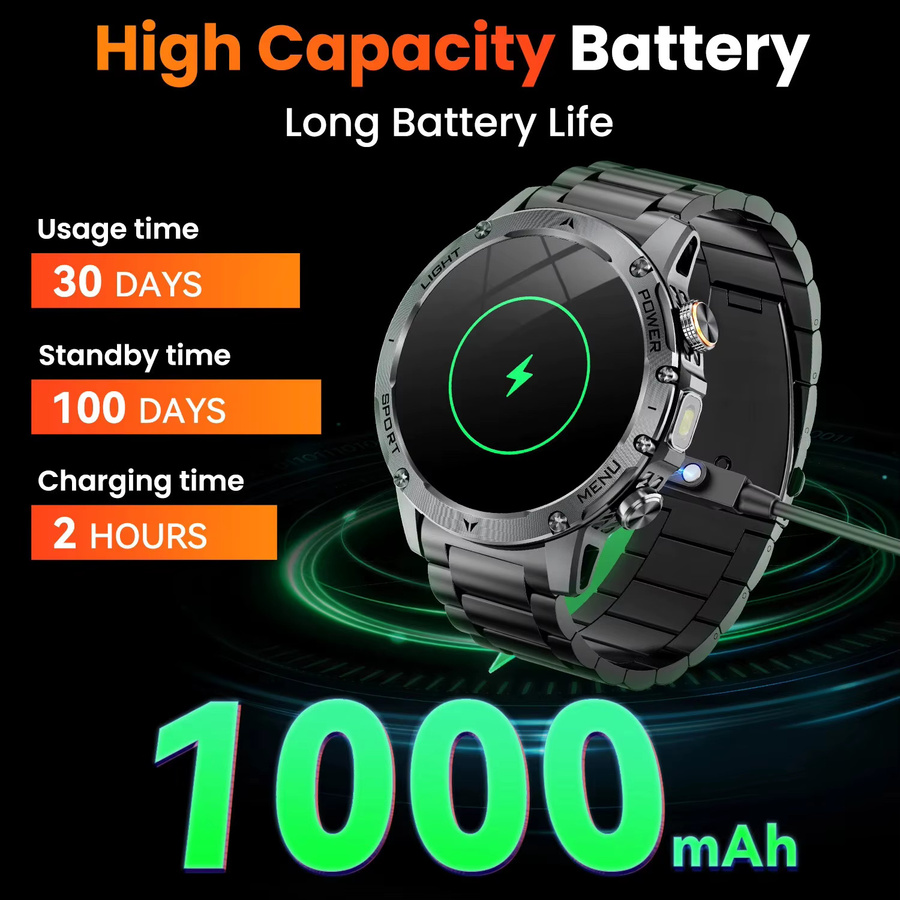 GUHUAVMI Militär-Smartwatch in Schwarz mit 1,7 Zoll Ultra-HD-Bildschirm, Bluetooth-Anruffunktion, IP68K Wasserdichtigkeit und Herzfrequenzmessung für Android - Bild 2