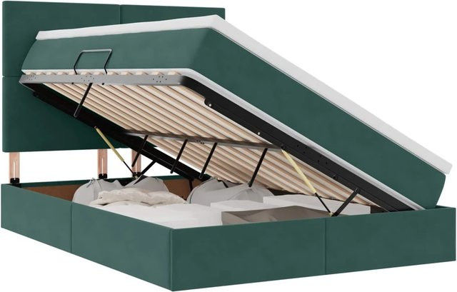 vidaXL Bett mit Stauraum und LED in Dunkelgrün aus Samt, B/T/H: 140 x 200 x 128 cm - Bild 1