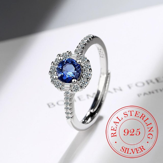 Ring 925 Sterlingsilber, Kristall Zirkon, Blauer Saphir, Damen, Offen, Verstellbar - Bild 1