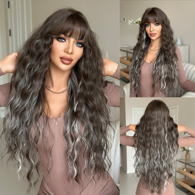 NAMM Perücke für Damen, braun, gewellt, mit Pony und Highlights - Bild 1