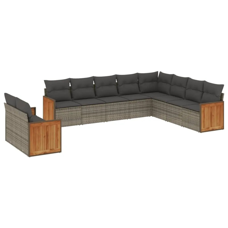 vidaXL 10-teilige Garten-Sofagarnitur in L-Form aus Polyrattan und Akazienholz in Grau mit Kissen - Bild 2