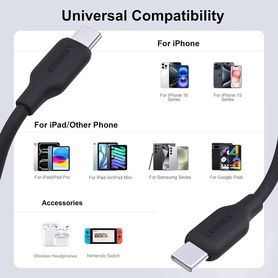 LAIHONEN USB-C zu USB-C Kabel 60W 2 Meter in Schwarz für MacBook Pro, iPad und diverse Endgeräte - Bild 5