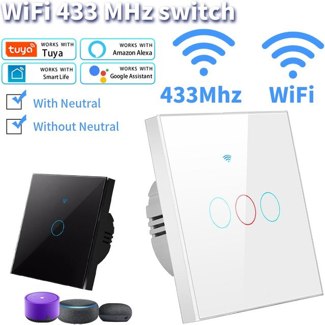 QNCX WLAN Smart Schalter EU Wand-Touch-Schalter ohne Neutralleiter, kompatibel mit Tuya Smart Life, Alexa und Google Home, 1/2/3-fach - Bild 1