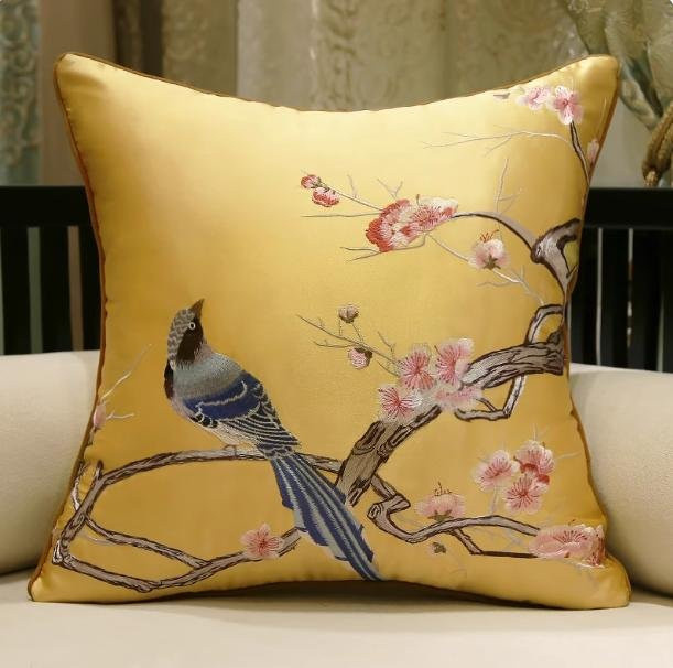 Veemi Seidenkissenbezug im chinesischen Stil mit Rosenmuster und Vögeln, Farbe: Blau/Gelb, B/T/H: 50 x 50 x 1 cm - Bild 1