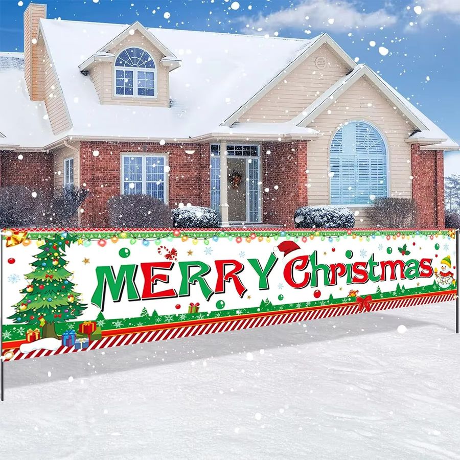 VIKAMA Weihnachtsbanner mit Weihnachtsmann und roter Schleife für Outdoor-Dekoration und Feiern - Bild 3