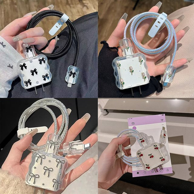 TAOYUNXI Set aus 5 Stück transparente schwarze Schleifen-Schutzhüllen für iPhone 18W/20W Datenkabel und Ladekabelschutz - Bild 1