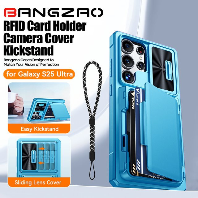 Samsung Galaxy S25 Ultra Wallet Case mit Kartenhalter, verschiebbarer Kameraabdeckung und Ständer in Schwarz oder Blau - Bild 1