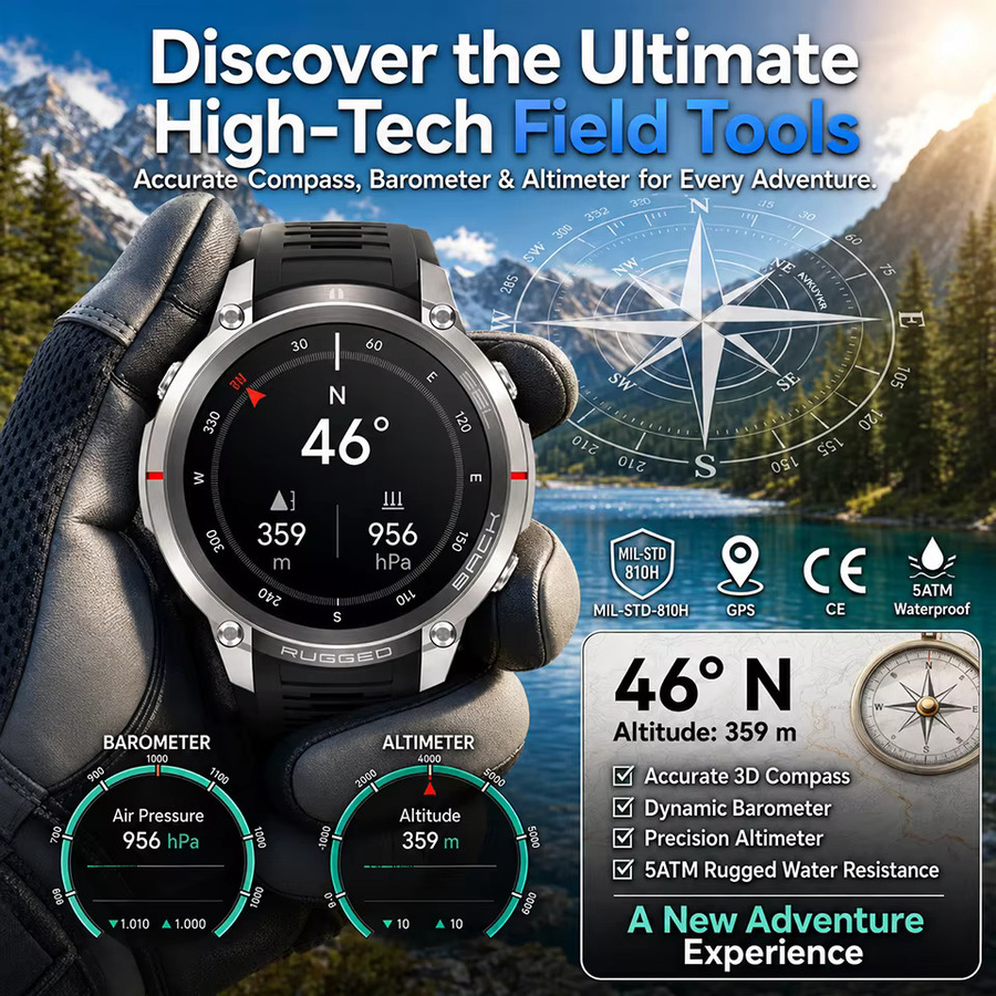 GUHUAVMI GPS-Navigations Smartwatch mit Offline-Karten, 1,43 Zoll AMOLED-Display, 5ATM wasserdichte Outdoor-Fitnessuhr für Männer, Schwarz - Bild 4
