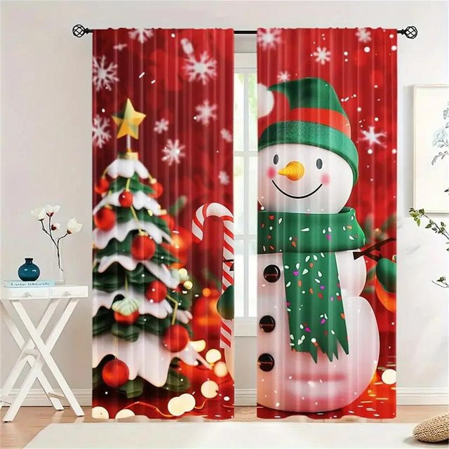 2er-Set Weihnachts-Vorhänge mit Schneemann- und Weihnachtsbaum-Motiv, rot, halbtransparent, Polyester, B: 50 cm, H: 130 cm - Bild 1