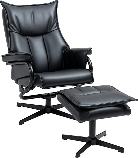 HOMCOM Relaxsessel mit Hocker, drehbarer Fernsehsessel mit Liegefunktion und verstellbarer Kopfstütze, Kunstleder und Stahl, Schwarz - Bild 1