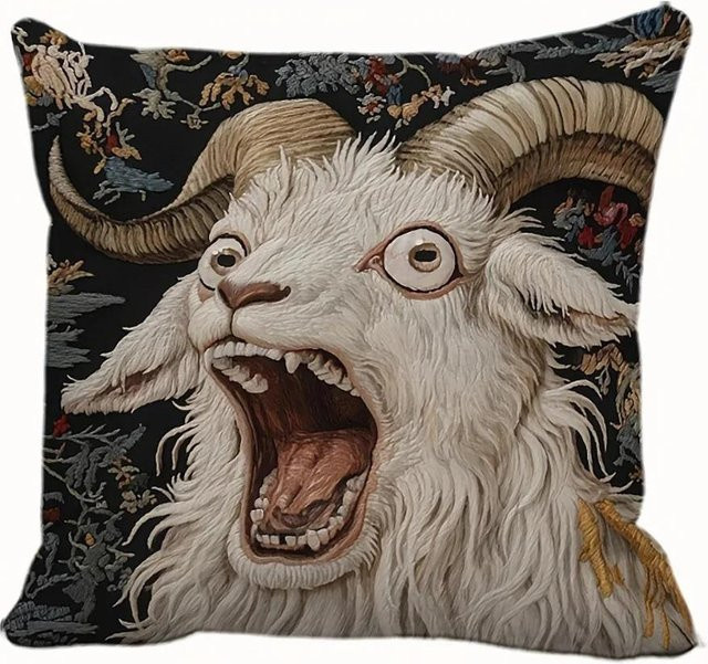 Gotische Kissenhülle mit Kunst-Ziegenmotiv von JMG Clothing in Pfirsichhaut, Vintage Design, B/H: 45 x 45 cm - Bild 1