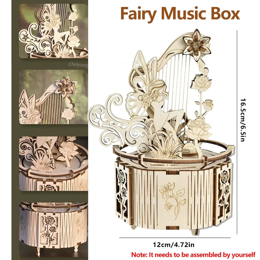 Chriyungel 3D-Puzzle Holz-Musikbox mit Feen-Motiv in Natur/Holzfarben, DIY-Montage-Set als kreatives Bastelset für Erwachsene und Jugendliche - Bild 4