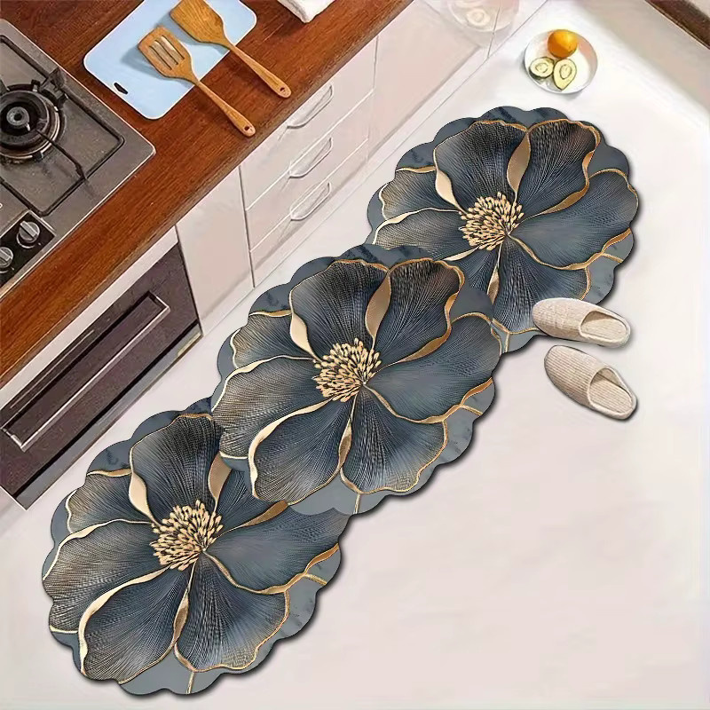 VIKAMA Luxus-Blumenteppich in Tiefblau mit Goldfaden-Blütenblättern, rutschfest und wasserabsorbierend im modernen nordischen Design - Bild 2