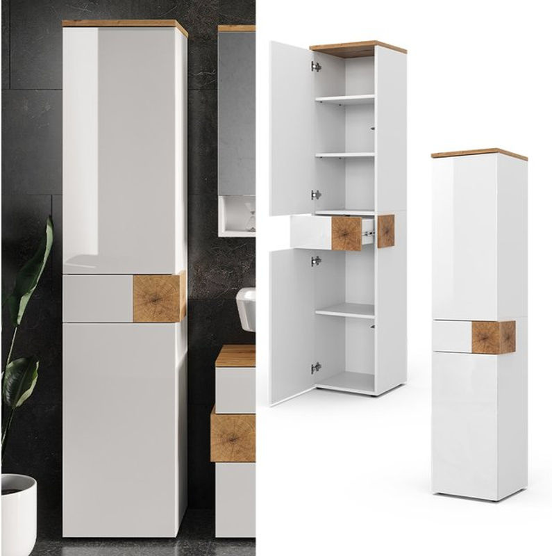 Vicco Badschrank Eden Hochschrank in Weiß Hochglanz mit 2 Türen und Schubladen, B/T/H: 40 x 37 x 184 cm - Bild 2