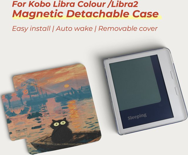 Twosheep Schutzhülle für Kobo Libra Colour und Kobo Libra 2 mit 7-Zoll-Display, magnetisch abnehmbare Abdeckung, transparente Rückseite und automatischer Aufweckfunktion im Monet- und Katzen-Stil - Bild 1