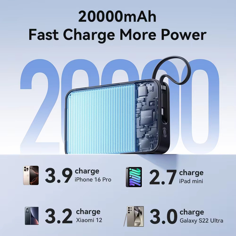 Vention Powerbank 20000mAh mit PD 65W Schnellladung und eingebautem USB-C-Kabel in Schwarz - Bild 4