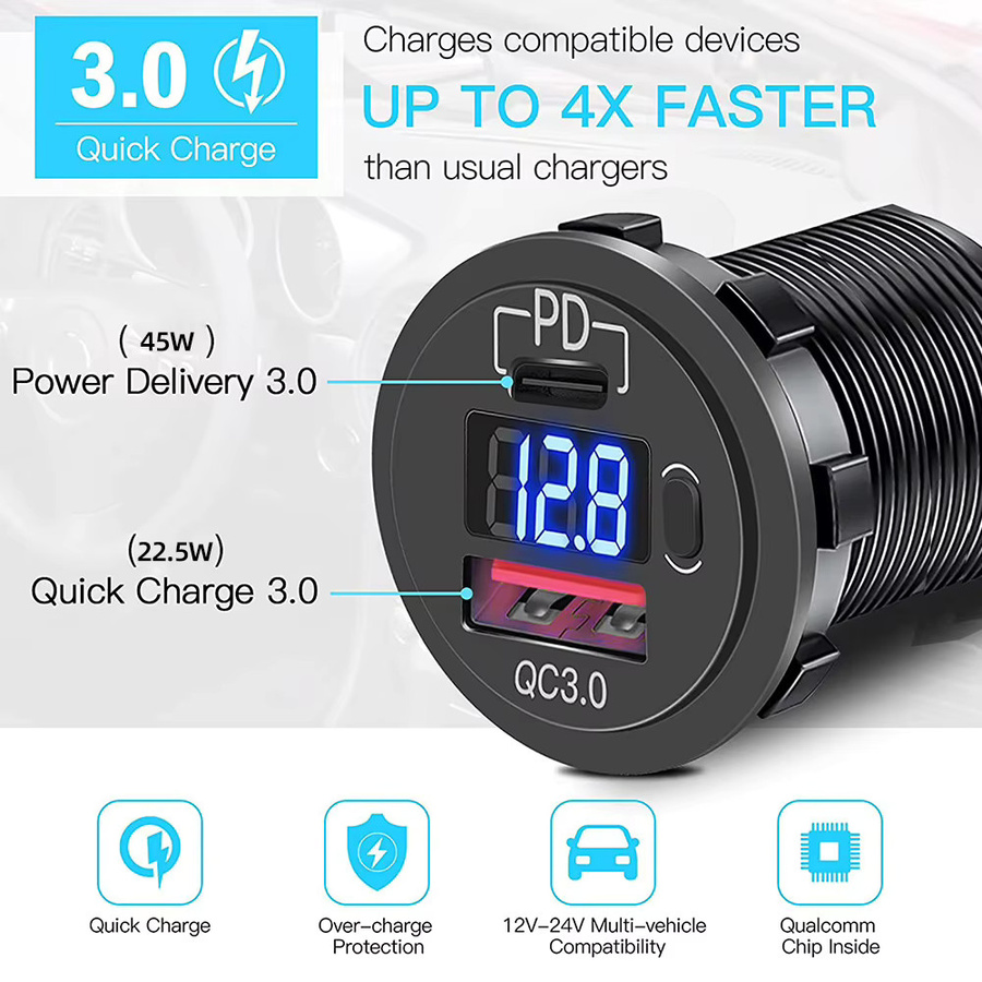 Kebidumei Dual USB Schnellladegerät mit QC3.0 und Voltmeter, 12V/24V Steckdosenadapter in Schwarz - Bild 2