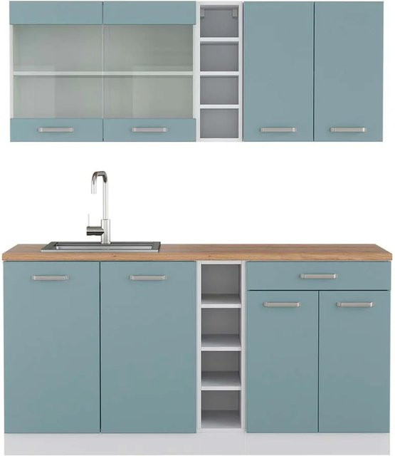 Vicco R-Line Singleküche modern in Blau-Grau/Weiß mit Eiche-Optik, Breite: 160 cm - Bild 1