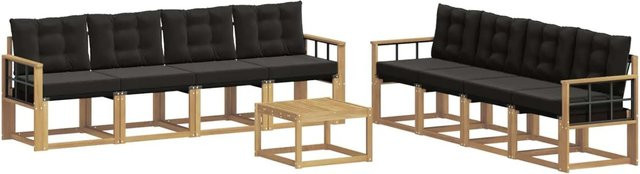 vidaXL Outdoor-Sofagarnitur 9-tlg. in L-Form mit Kissen und Couchtisch, Akazienholz und Textilene, Weiß und Schwarz - Bild 1