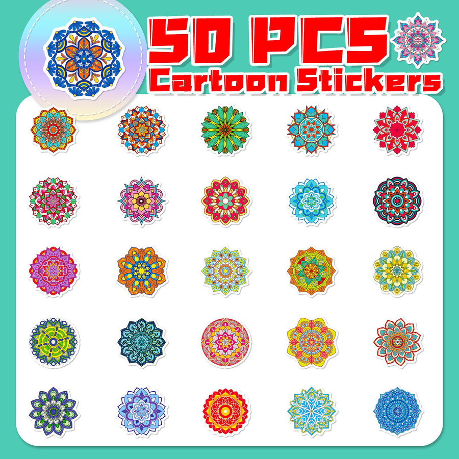 50 Cartoon Mandala Aufkleber in Multicolour mit orientalischem Kunststil und abstrakten Motiven - Bild 2