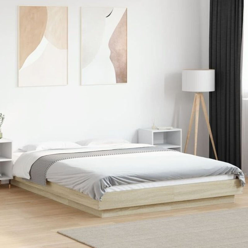Modernes Bettgestell mit LED von Vidaxl in Sonoma-Eiche und Braun, B/T/H: 140 x 190 cm, aus Holzwerkstoff - Bild 1