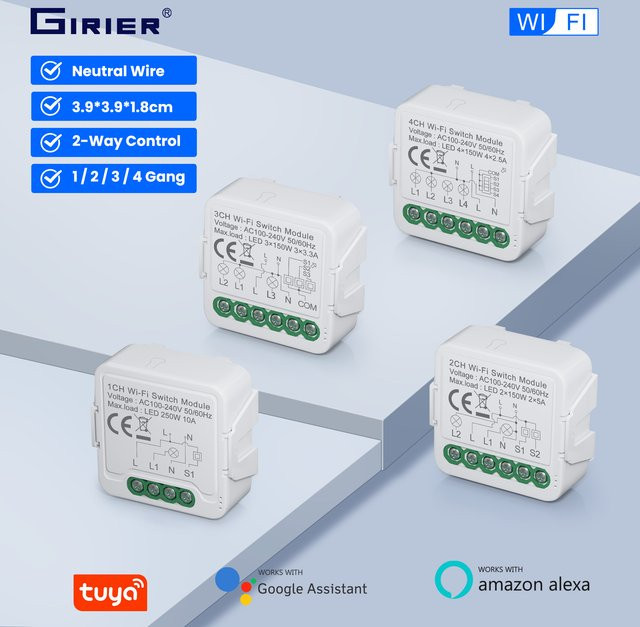 GIRIER Tuya WiFi Smart Schalter Modul für DIY Lichtsteuerung, 2-Wege-Steuerung, weiß - Bild 1