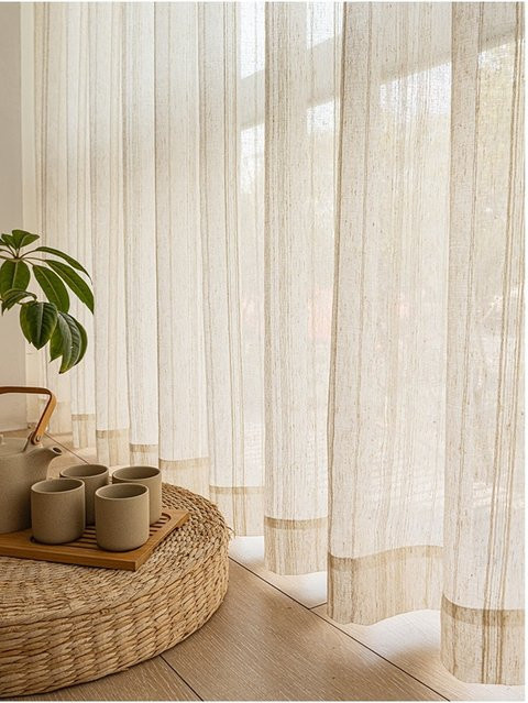 LE YUN YUN Transparente Tüllvorhänge mit Streifen-Design in Beige und Weiß für Zen-Teestuben und Wohnzimmer - Bild 1