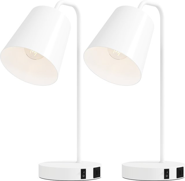HOMCOM 2er-Set moderne Tischlampen aus Stahl in Weiß mit USB-Anschluss und E27-Fassung - Bild 1