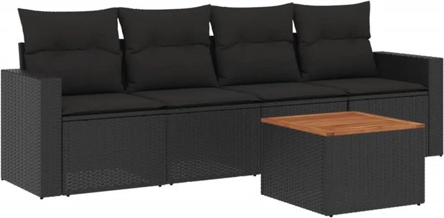 vidaXL 5-tlg Garten-Sofagarnitur Modell 40 aus Poly Rattan und Akazienholz in Schwarz mit Kissen - Bild 1