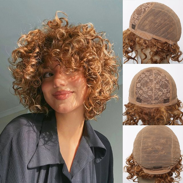Kinky Curly Bomb Synthetische Perücke, Bob, Goldbraun, mit Pony - Bild 1