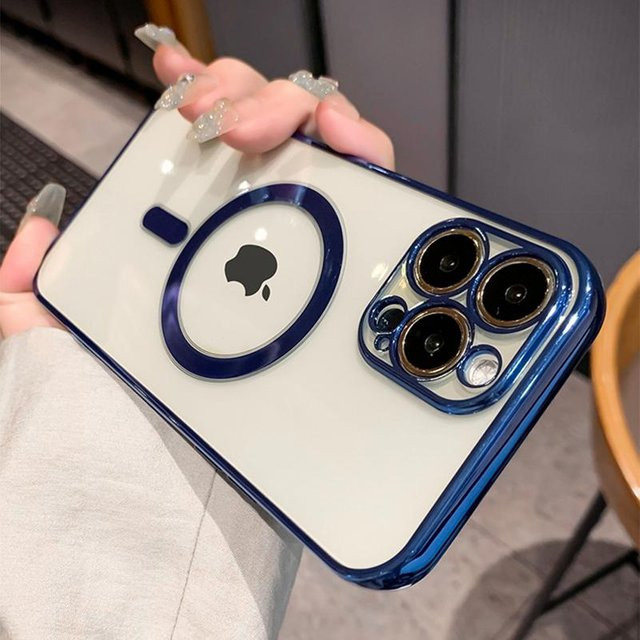 Magnetische Silikonhülle mit Luxus-Beschichtung für Apple iPhone 11 bis 15 Pro Max Plus, Farbe: Grau/Transparent - Bild 1