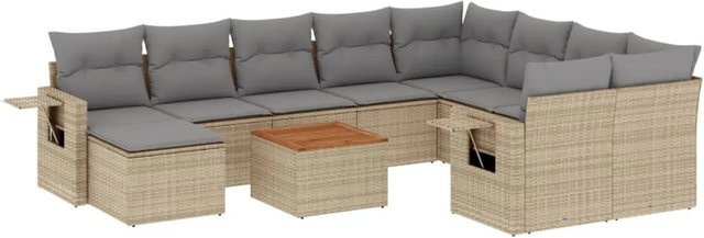 vidaXL 11-teilige Garten-Sofagarnitur aus Poly-Rattan und Akazienholz in Beige-grau mit Kissen - Bild 1