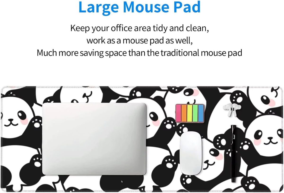 Übergroßes Mauspad mit Panda-Print in Multicolour, XL Schreibtischunterlage mit genähten Kanten und rutschfester Basis für Gamer und Homeoffice - Bild 6