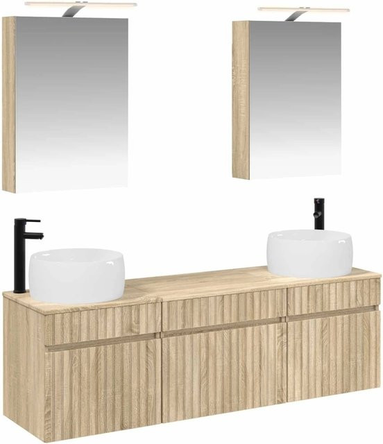 vidaXL Badezimmerschrank-Set aus Holz in Sonoma-Eiche, 5-teiliges Set mit Waschtischunterschrank und Spiegelschrank mit LED-Beleuchtung, Braun, B: 50 cm, T: 14,5 cm, H: 70 cm - Bild 1