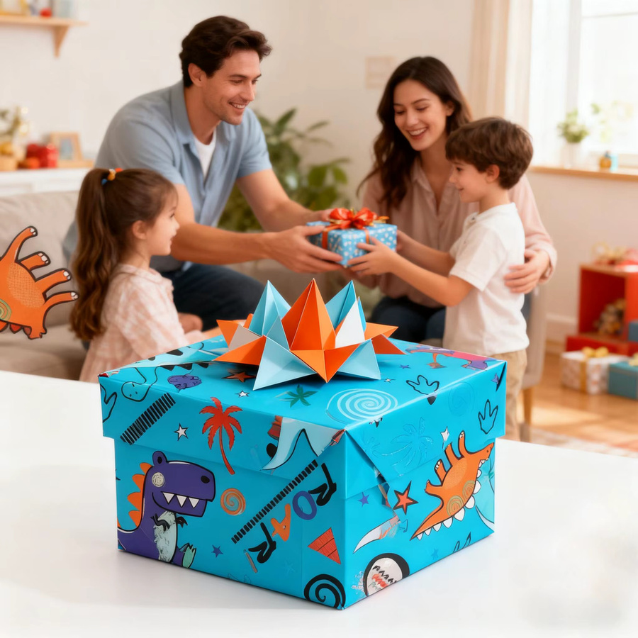 Blaues Geschenkpapier mit Dinosauriermustern für Geburtstage und Feiertage, 1 Rolle - Bild 3
