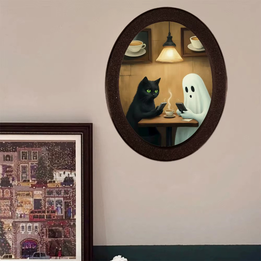 Ovales dekoratives Wandornament Black Cat & Ghost in Schwarz und Multicolour im gotischen Halloween-Stil - Bild 3