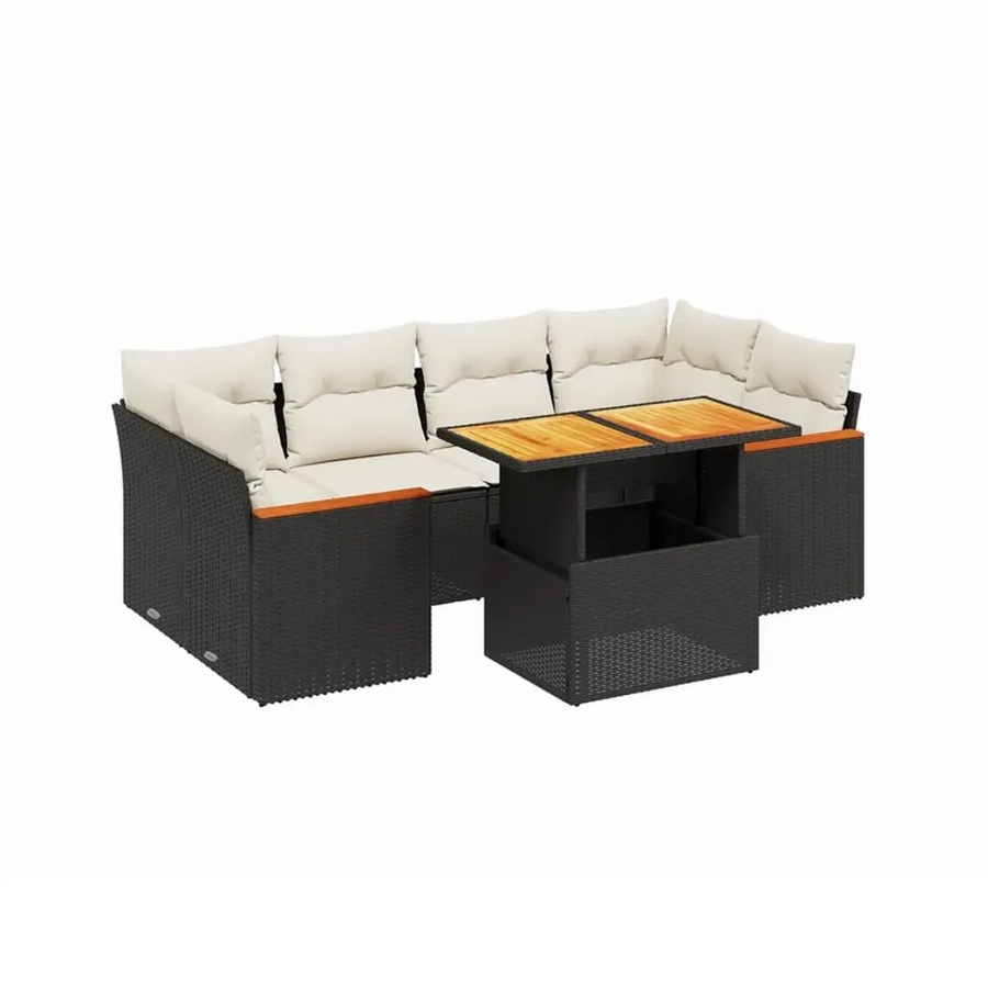 vidaXL 7-teilige Garten-Sofagarnitur in L-Form aus schwarzem Poly-Rattan mit Kissen und pulverbeschichtetem Stahlrahmen - Bild 2