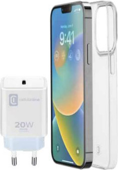 Apple iPhone 14 Starterset mit 20 Watt USB-C Ladegerät und transparentem Back Case - Bild 1