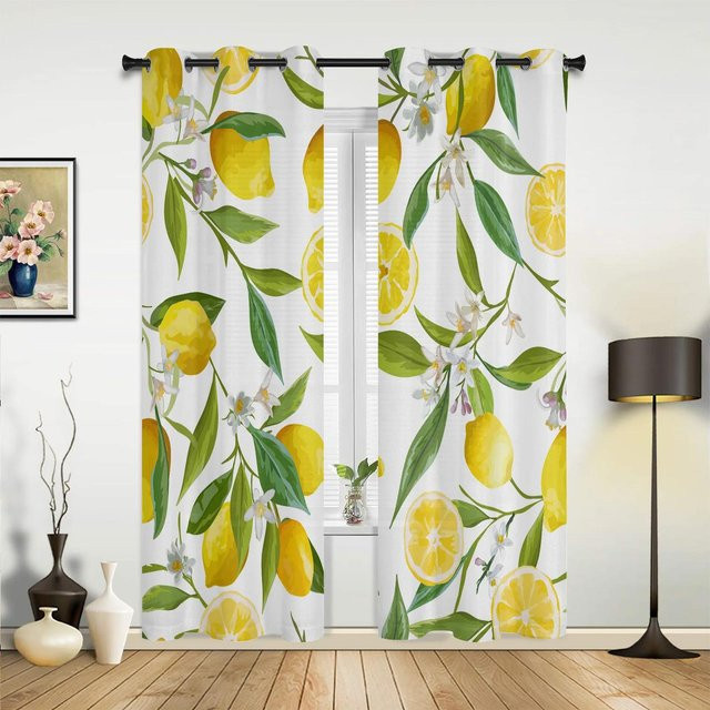Yiran Furniture Vorhang mit Zitronen-Motiv in Gelb und Weiß, modern und semi-transparent, Breite: 135 cm, Höhe: 215 cm - Bild 1